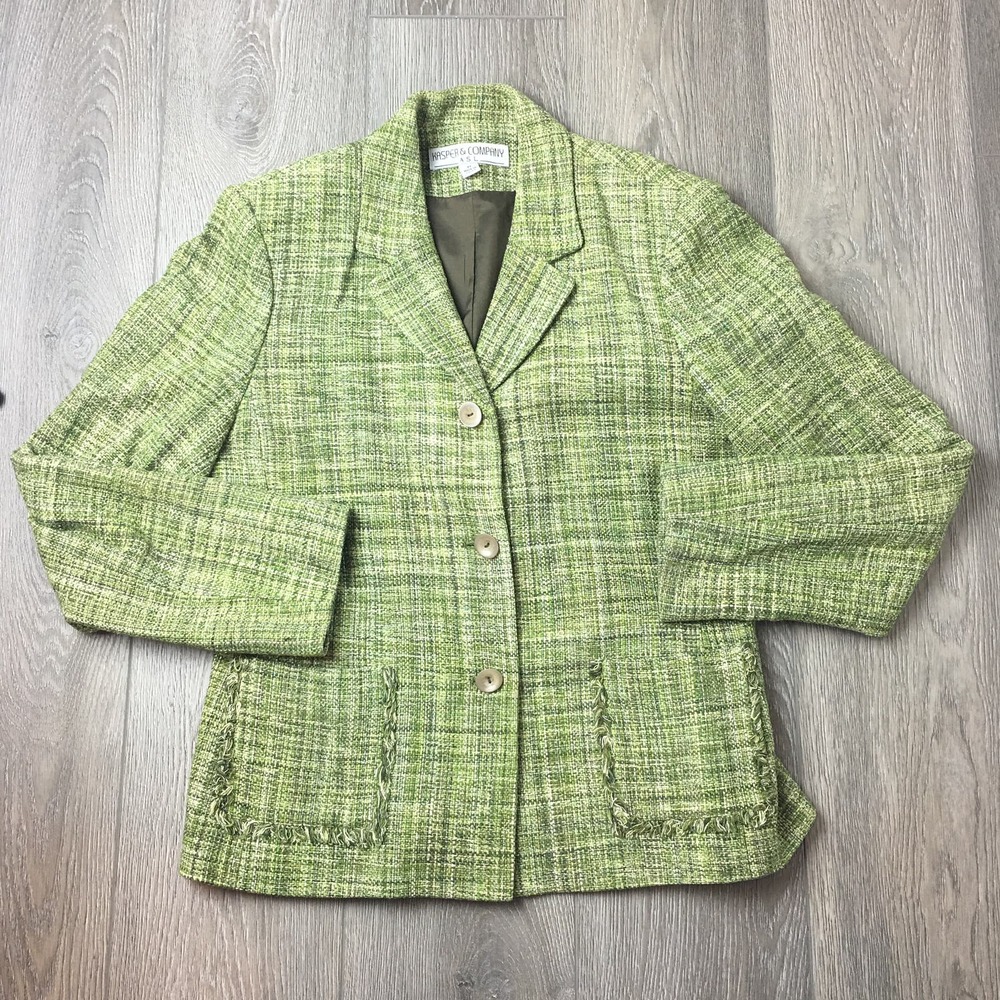Kasper & Company Woven Jacket Blazer Silk Frayed Pockets Green Size 8